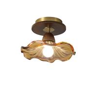 Vintage Semi Flush Mount Ceiling Light Fixture - Amber Glass & Wood Base for Kitchen, Entryway, Bedroom, Porch(Dark Color)