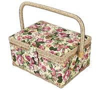 Vintage Sewing Basket with Rose/Orange Needle Thread/Green Needle Thread Print Design-Sewing Kit Storage Box with Removable Tray- 9.8" x 7.1" x4.9"-Large(Rose)