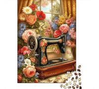 Vintage Sewing Machine 1000 Piece Jigsaw Puzzle Paper for Adults Romantic Floral Window Scene Puzzle Game for Family Relax Decoration Gift 52x38cm/1000pcs