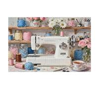 Vintage Sewing Machine 1000 Piece Puzzle for Adults, Cozy Craft Room Artwork with Flower, Thread and Teacup, Retro Floral Jigsaw, Challenging Puzzle for Family Game Night, 30x20 in