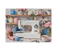 Vintage Sewing Machine 500 Piece Puzzle for Adults, Cozy Craft Room Artwork with Flower, Thread and Teacup, Retro Floral Jigsaw, Challenging Puzzle for Family Game Night, 20.5x15 in