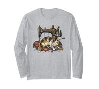 Vintage Sewing Machine Cat Tangled Thread Quilting Seamstres Long Sleeve T-Shirt