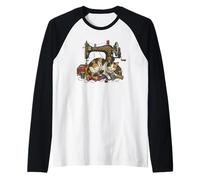 Vintage Sewing Machine Cat Tangled Thread Quilting Seamstres Raglan Baseball Tee