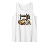 Vintage Sewing Machine Cat Tangled Thread Quilting Seamstres Tank Top