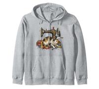 Vintage Sewing Machine Cat Tangled Thread Quilting Seamstres Zip Hoodie