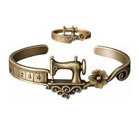 Vintage Sewing Machine Cuff Bracelet and Ring Set, Antique Bronze, Adjustable Bangle, Measuring Tape Detail, Gift for Seamstress (Ab)