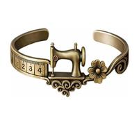 Vintage Sewing Machine Cuff Bracelet and Ring Set, Antique Bronze, Adjustable Bangle, Measuring Tape Detail, Gift for Seamstress (A)