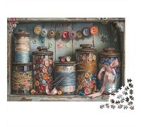 Vintage Sewing Supplies 1000 Piece Jigsaw Puzzles Sewing Buttons Jars Adults Aged 12 And Above Educational Game Home Decoration Challenge High Difficulty Birthday 70x50cm Gifts