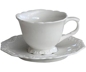 Vintage Shabby Chic Farmhouse Cup Coffee Cup Tea Cup with Saucer - Decorative Relief Pattern / Floral - Diameter 9 cm / Width 7 cm - White - Porcelain