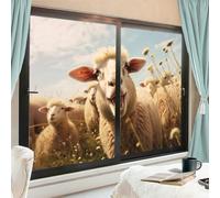 Vintage Sheep Stained Glass Window Film, Cute Animals Nature Field Plants Decorative Frosted Glass Privacy Film, Heat Control Static Cling Window Sticker 60x90 cm x 2 Pcs