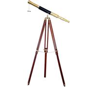 Vintage Shiny Brass Leather Telescope Floor Stand Wooden Brown Tripod Telescope