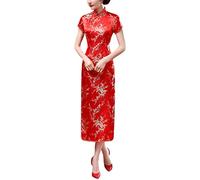 Vintage Short Sleeve Maxi Cheongsam Print High Slit Side Traditional Chinese New Year Party Bodycon Costume, Plum Red, M