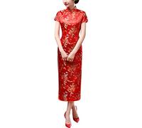 Vintage Short Sleeve Maxi Cheongsam Print High Slit Side Traditional Chinese New Year Party Bodycon Costume, L
