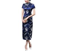 Vintage Short Sleeve Maxi Cheongsam Print High Slit Side Traditional Chinese New Year Party Bodycon Costume, Plum Navy, L