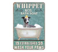 Vintage Sign Whippet Dog &Co. Bath Soap Wash Your Paws Tin Sign Wall Decor Hanging Metal Decoration 12x8 Inches