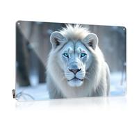 Vintage Signs Metal A Majestic White Lion With Striking Blue Eyes Stands In A Snowy Forest Tin Sign Boys Bedroom Accessories Funny Coffee Signs(20X30CM)