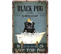 Vintage Signs Metal Signs Black Pug & Co Co. Bath Soap Wash Your Paws Tin Sign Wall Art Metal Poster for Home Bar Cafe Garage Bathroom 30x20 cm