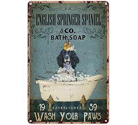 Vintage Signs Metal Signs English Springer Spaniel Co. Bath Soap Wash Your Paws Tin Sign Wall Art Metal Poster for Home Bar Cafe Garage Bathroom 12x8 Inches