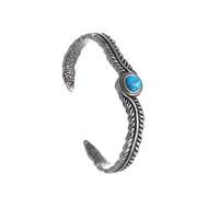 Vintage Silver Cuff Bracelet with Turquoise Stone, Antique Feather Design, Bohemian Style, Textured Metal Pattern