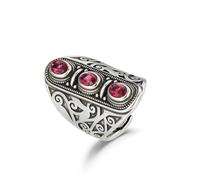 Vintage Silver Engraved Statement Big Ring for Women Men Antique 3 Stones Ruby Diamond Cut Oval Gemstone Cocktail Court Ring Art Deco Boho Open Wide Band Cocktail Anniversary Ring