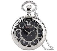 Vintage Silver Quartz Pocket Watch Hollow Flowers Circle Roman Numerals Display Exquisite Necklace Clock Gift for Boy Girl Birthday