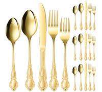 Vintage Silverware Set Stainless Steel Cutlery Set for 4 People Fork Spoon Knife Sets Mirror Polished Utensil Sets for Home Restaurant Wedding Party Dishwasher Safe(Golden)