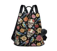 Vintage skeleton Birds Florals Black Backpack, Anti Theft Rear Zip Main Compartment, Floral Daypack with Pom Pom Charm