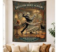 Vintage Skeleton Dance Academy Art Halloween Tapestry 60x80 Inch | Vintage Dance Academy Print, Tapestry Wall Hanging, Fanciful Skeleton Illustration, Playful Gothic Aesthetic