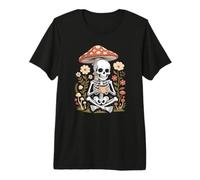 Vintage Skeleton Drinking Coffee Beneath a Giant Mushroom Premium T-Shirt