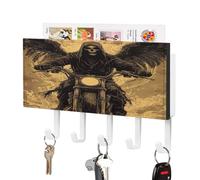 Vintage Skeleton Grim Reaper Motorcycle Key Holder Wall Mounted Self Adhesive Hangers Rack with 5 Hooks and Mail Shelf