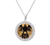 Vintage Skeleton Grim Reaper Motorcycle Round Pendant Necklaces for Women Alloy Rhinestone Jewelry Custom Picture Necklace