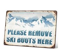 Vintage Ski Sign Please Remove Ski Boots Here Sign for Ski Lodge Decor, Apres Ski Party Decorations, Skiing Wall Art for Home, Cabin, Chalet Metal 12x16 Inches
