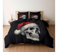 Vintage Skull Christmas Hat Art Printed Duvet Cover, Reversible Charcoal Quilt Cover Bedding King Bed Set, Cosy Soft Hypoallergenic Non-Iron Comforter Covers with Pillowcases