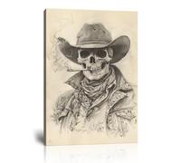 Vintage Skull Cowboy Canvas Wall Art Western Art Modern Skeleton Head Retro Southwestern Minimalist Prints Posters for Living Room Bedroom Decor Framed Ready to Hang(12"L x 16"W)