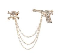 Vintage Skull Cross Bone Rhinestone Brooch Pin with Chain