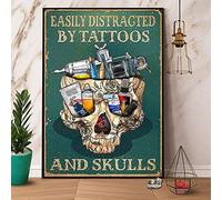 Vintage Skull & Tattoo Poster Metal Sign Easily Distracted by Tattoos and Skulls Tin Signs Retro Plaque Wall Decor Gift for Home Kitchen Office Club Bar Gym 8x12 Inch