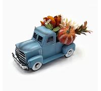 Vintage Small Blue Truck With Fake Plants - Farmhouse Table Top Decor, Metal Truck With Pumpkin, Sunflower, Peony - Fall Rustic Coffee Table Tiered Tray Decor, 8 Inch