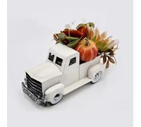 Vintage Small White Truck Decor with Fake Plants, Metal Truck with Pumpkin, Sunflower, Peony Rustic Fall Decor for Home Coffee Table, Shelf, Tiered Tray, Windowsill, 8 inch