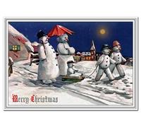 Vintage Snowman Christmas Card - Traditional Old Fashioned 1900s - Family Walk Design - Victorian Edwardian Era style - Best Merry Xmas Wishes Greeting - Blank inside to write own message