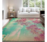 Vintage Soft Area rug 80 x 150 cm, Cyan Pink Tropical Island Scenery Short Pile Indoor Carpet for Modern Living Room, Non Slip Washable Carpet