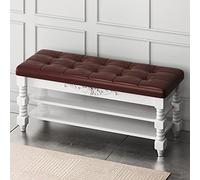 Vintage Solid Wood Pouf with Tufted Leather Seats 3-Level Storage Bench Large Capacity Shoe Rack for Entryway Bedroom Living Room - Brown 100x30x48cm (39x12)