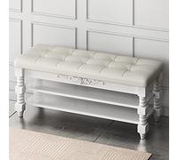 Vintage Solid Wood Pouf with Tufted Leather Seats 3-Tier Storage Bench Large Capacity Shoe Rack for Entryway Bedroom Living Room - White 80x30x48cm (31x12x19in)