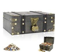 Vintage Solid Wooden Treasure Chest Box with Combination Lock & Lid, Handcrafted Lockable Pirate Trunk Storage Container, Retro Decorative Keepsake Box for Jewelry, Coins, Small Items & Gift Storage