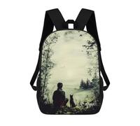 Vintage Solitude - Man And Dog in Tranquil Nature Backpacks 3D Printed Kids School Backpack School Bag Fashion Rucksacks for Boys Elementary And Middle School Students 17inch