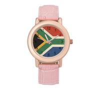 Vintage South African Flag Women's Leather Watch Easy Reader Minimalist Wristwatch Pink Rose Gold Strap Watches