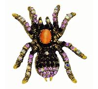 Vintage Spider Brooch Pin, Crystal Rhinestone Design, Black and Gold with Purple Accents, Orange Center