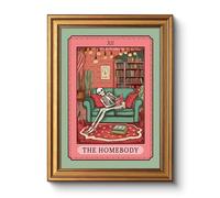 Vintage Spooky Cozy Home Scene Framed Wall Art 12x16, Funny Retro Illustration “The Homebody” Skeleton Tarot Canvas Print, Halloween Gothic Quirky Dark Humor Bedroom Office Aesthetic Decor