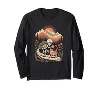 Vintage Spooky Skeleton and Tabby Feline Exploring Outdoors Long Sleeve T-Shirt