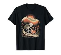Vintage Spooky Skeleton and Tabby Feline Exploring Outdoors T-Shirt