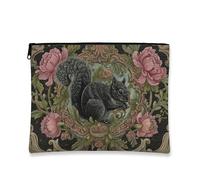 Vintage Squirrel Makeup Bag, Black Floral Baroque Cosmetic Travel Pouch for Women, Portable Small Canvas Zipper Organizer, Ideal for Festivals and Spring Gifts, black, 7x9 Inch, Squirrel